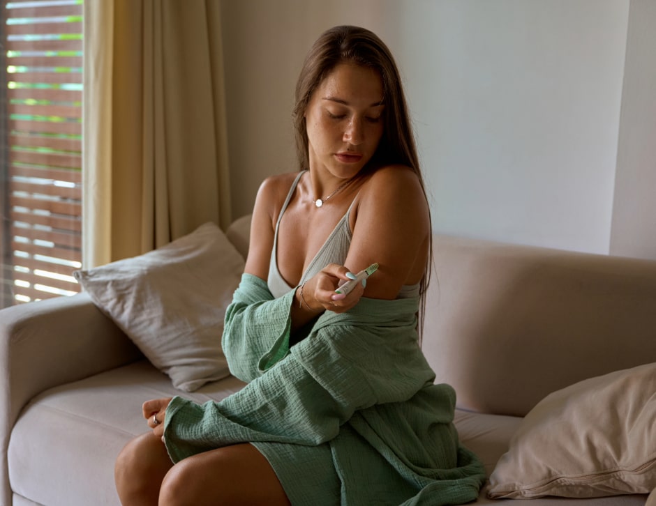 A woman rests on her couch as she carefully applies her injectable medication.