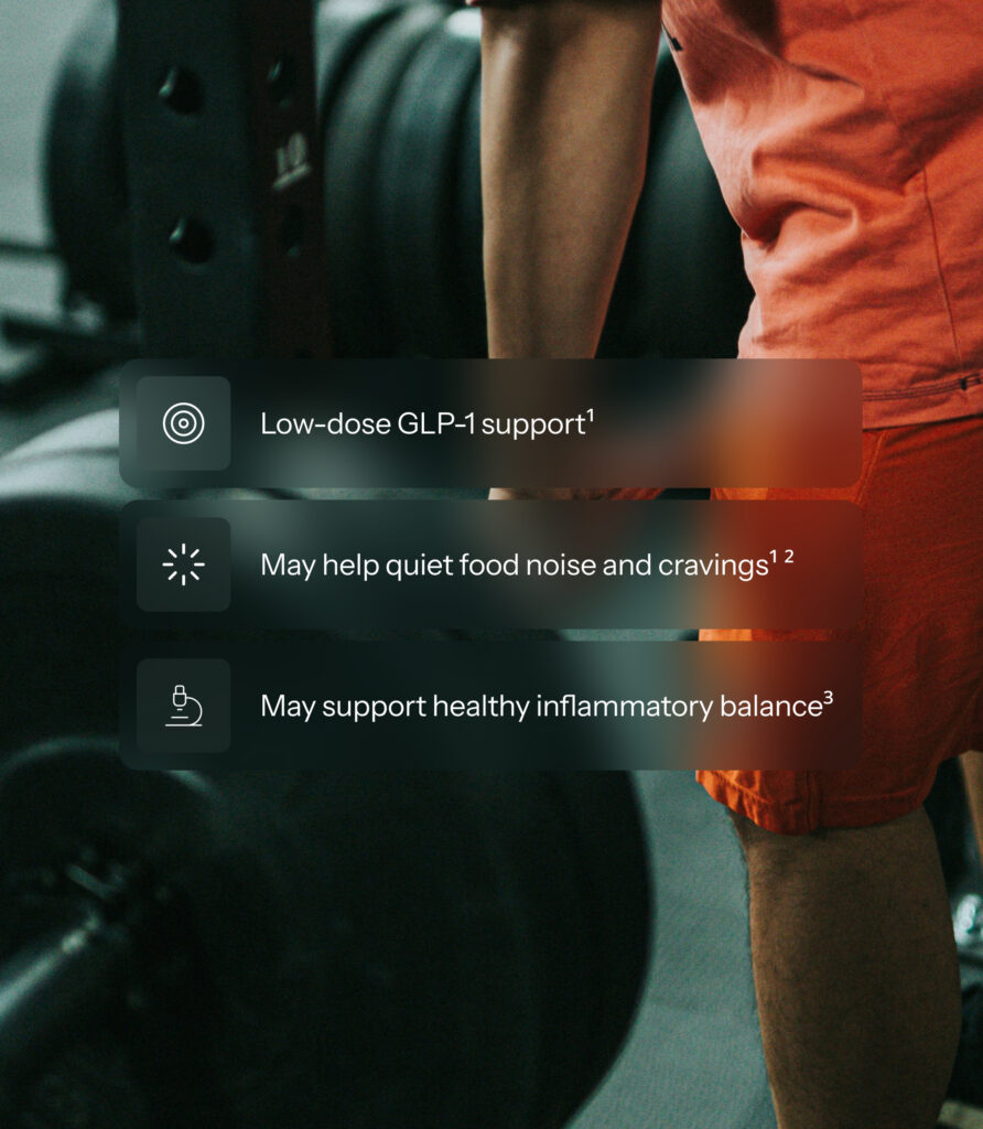 Person standing near gym weights, overlaid with icons for low-dose GLP-1 support, quieting food noise and cravings, and supporting healthy inflammatory balance