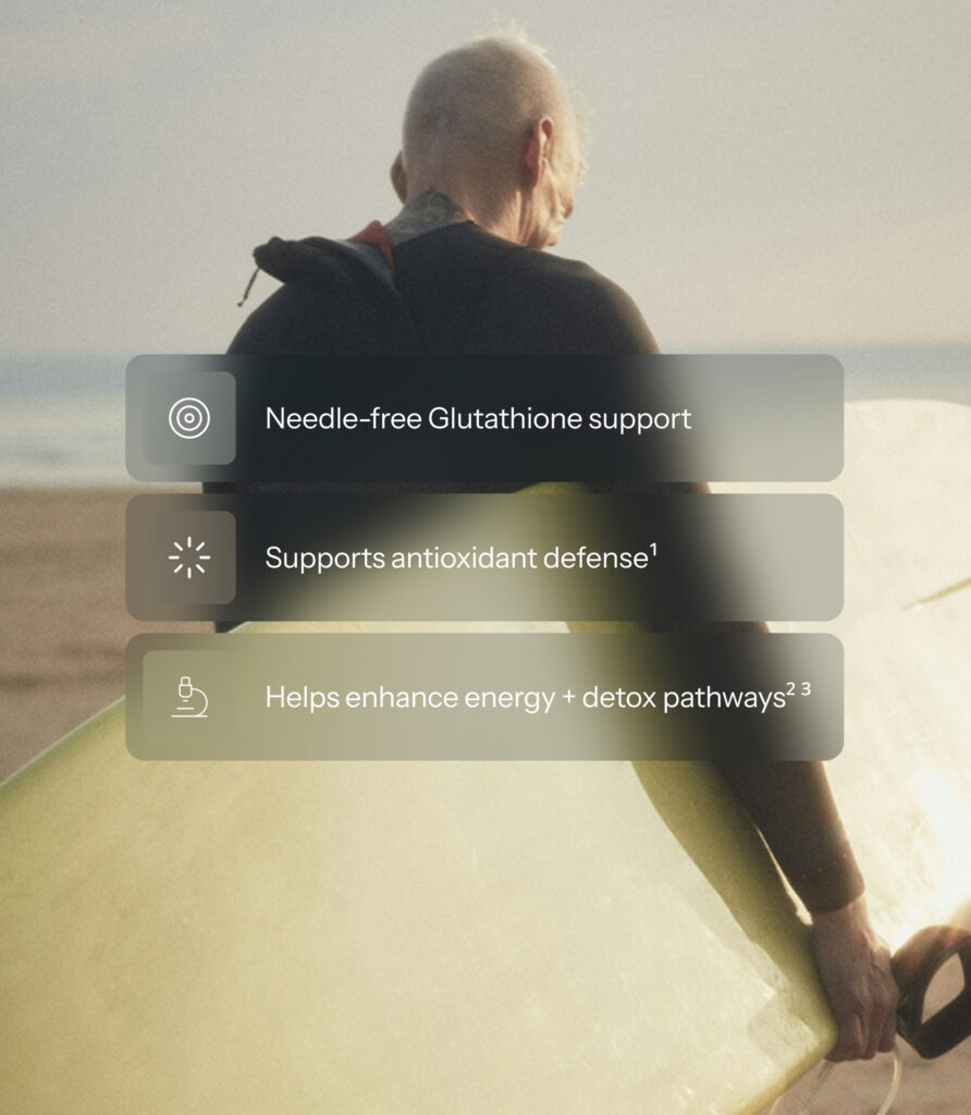 Man carrying a surfboard on the beach, overlaid with icons for needle-free glutathione support, antioxidant defense, and enhanced energy and detox pathways
