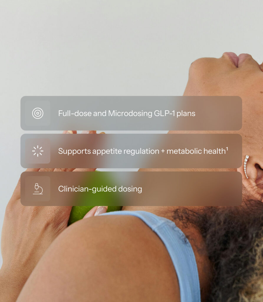 Woman holding an avocado near her shoulder, overlaid with icons for full-dose and microdosing GLP-1 plans, appetite regulation and metabolic health support, and clinician-guided dosing