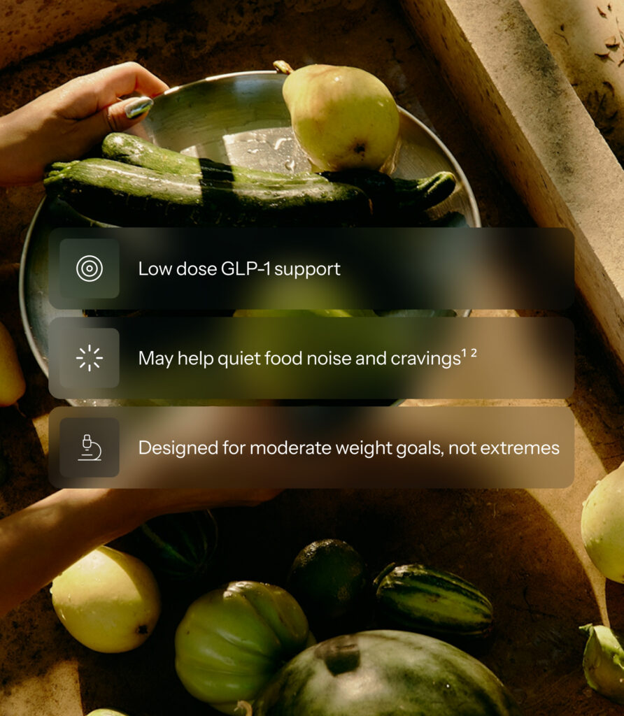 Hands holding a plate of squash and pears, overlaid with icons for low dose GLP-1 support, quieting food noise and cravings, and moderate weight goals