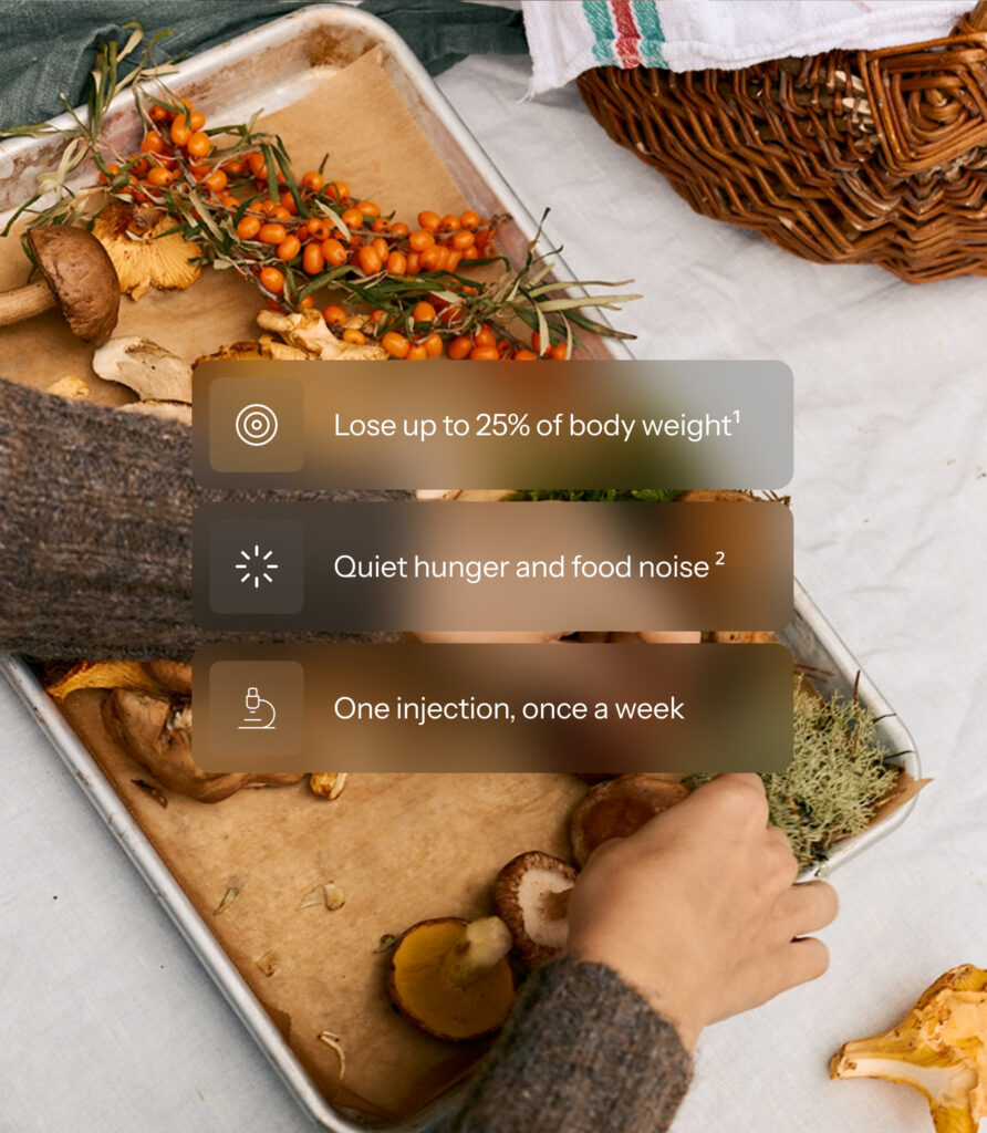 Hand arranging mushrooms and sea buckthorn berries on a tray, overlaid with icons for losing up to 25% of body weight, quieting hunger and food noise, and one injection once a week