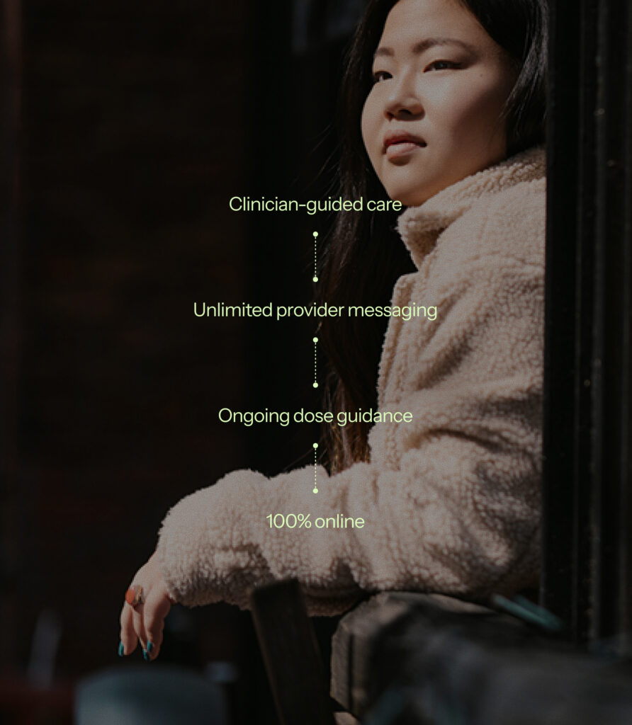 Woman in a fleece jacket sitting by a window, overlaid with text listing clinician-guided care, unlimited provider messaging, ongoing dose guidance, and 100% online treatment