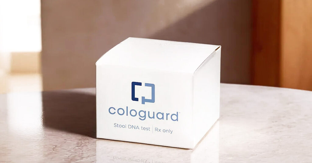 Cologuard Colon Cancer Screening box sitting on a counter top. 