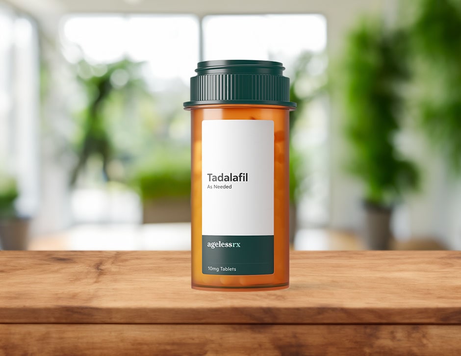 Tadalafil bottle on table top