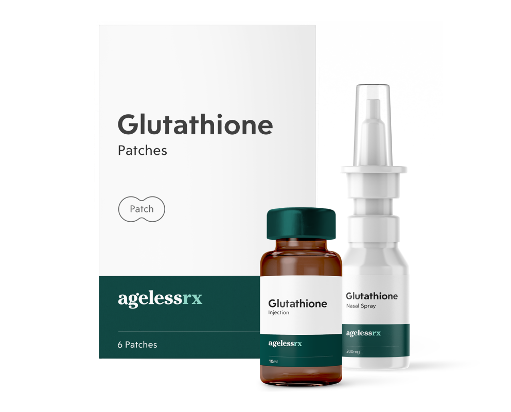 group of glutathione (GSH) patch box, injection vial, and nasal spray