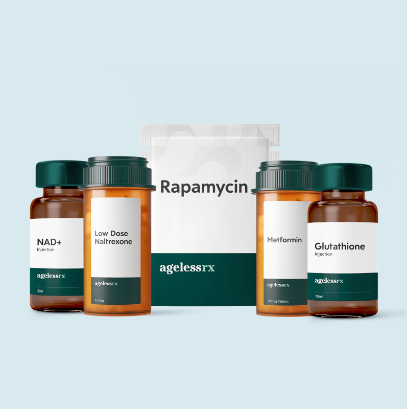 an arrangement of an NAD+ injection vial, Low Dose Naltrexone pill bottle, Rapamycin pill tear-away pouch, Metformin pill bottle, and Glutathione injection vial