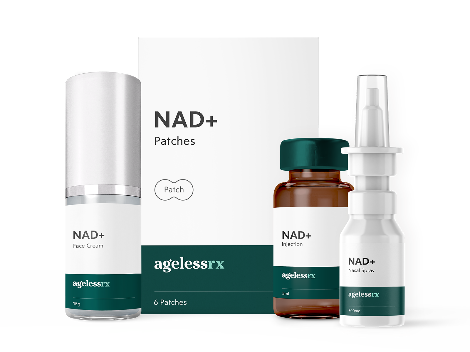NAD+ product suite including NAD+ face cream pump bottle, patch box, injection vial, and nasal spray
